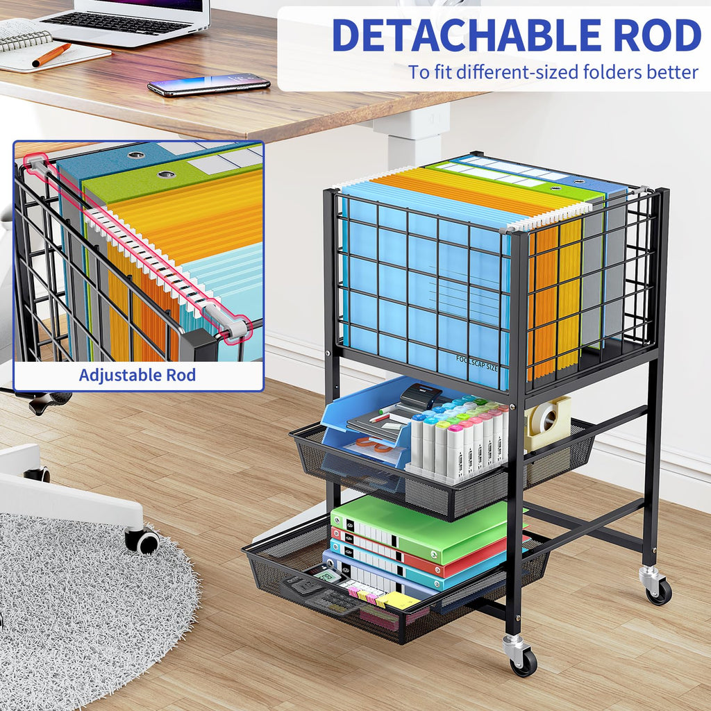 3-Tier Metal Rolling File Cart with 2 Sliding Trays Black D888
