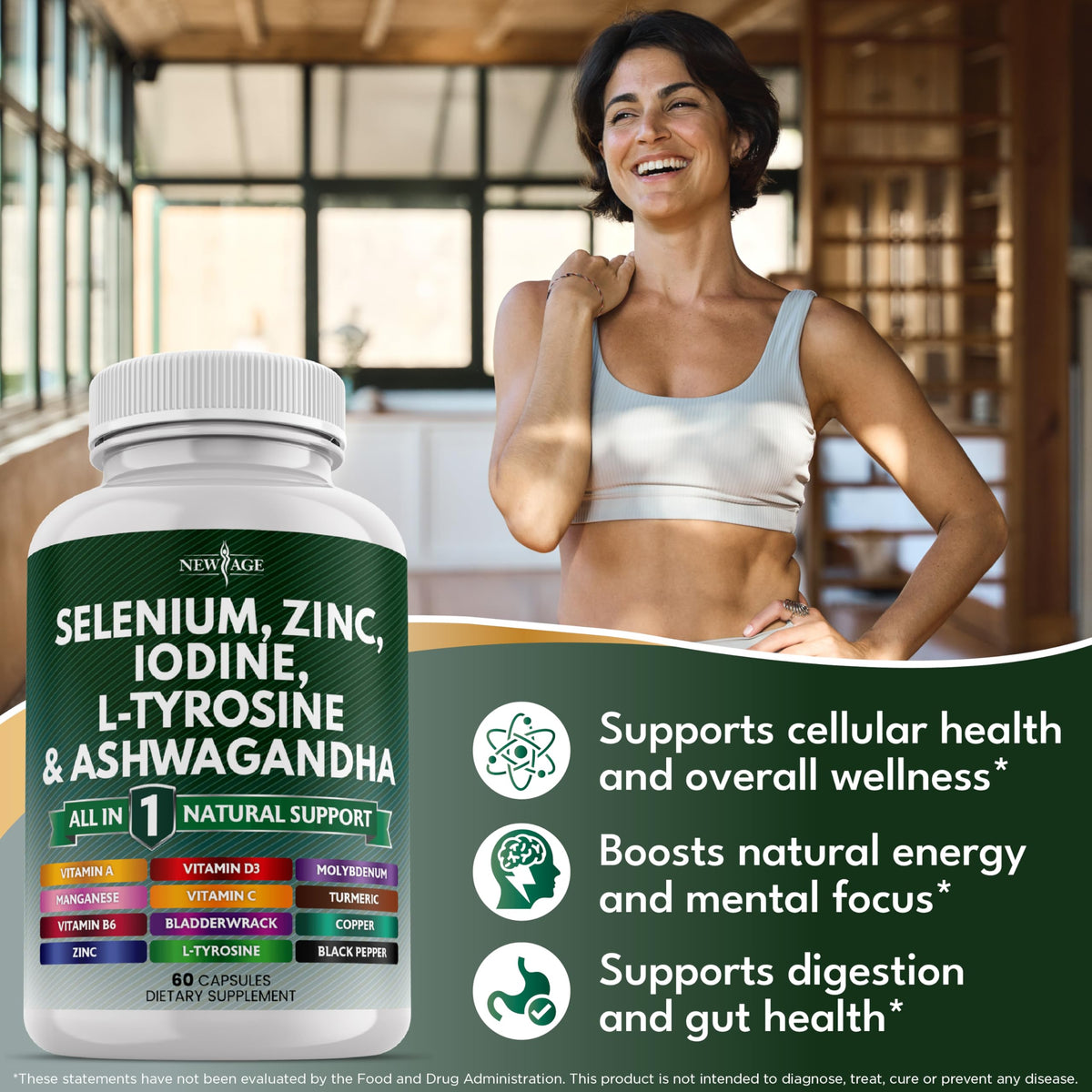 Selenium Zinc Iodine L Tyrosine Ashwagandha Supplement 120 Count H7385