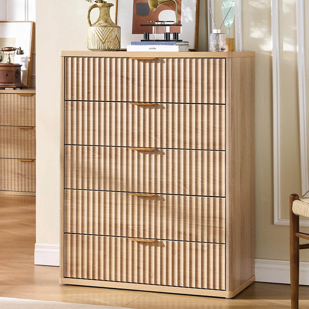 Fluted 5 Drawers Natural Wood Dresser N1056