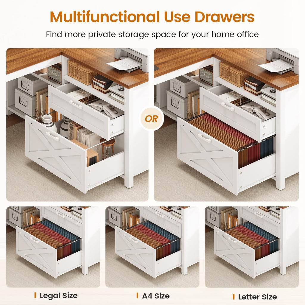Brown L Shaped Desk with Drawers and Storage Shelves V355