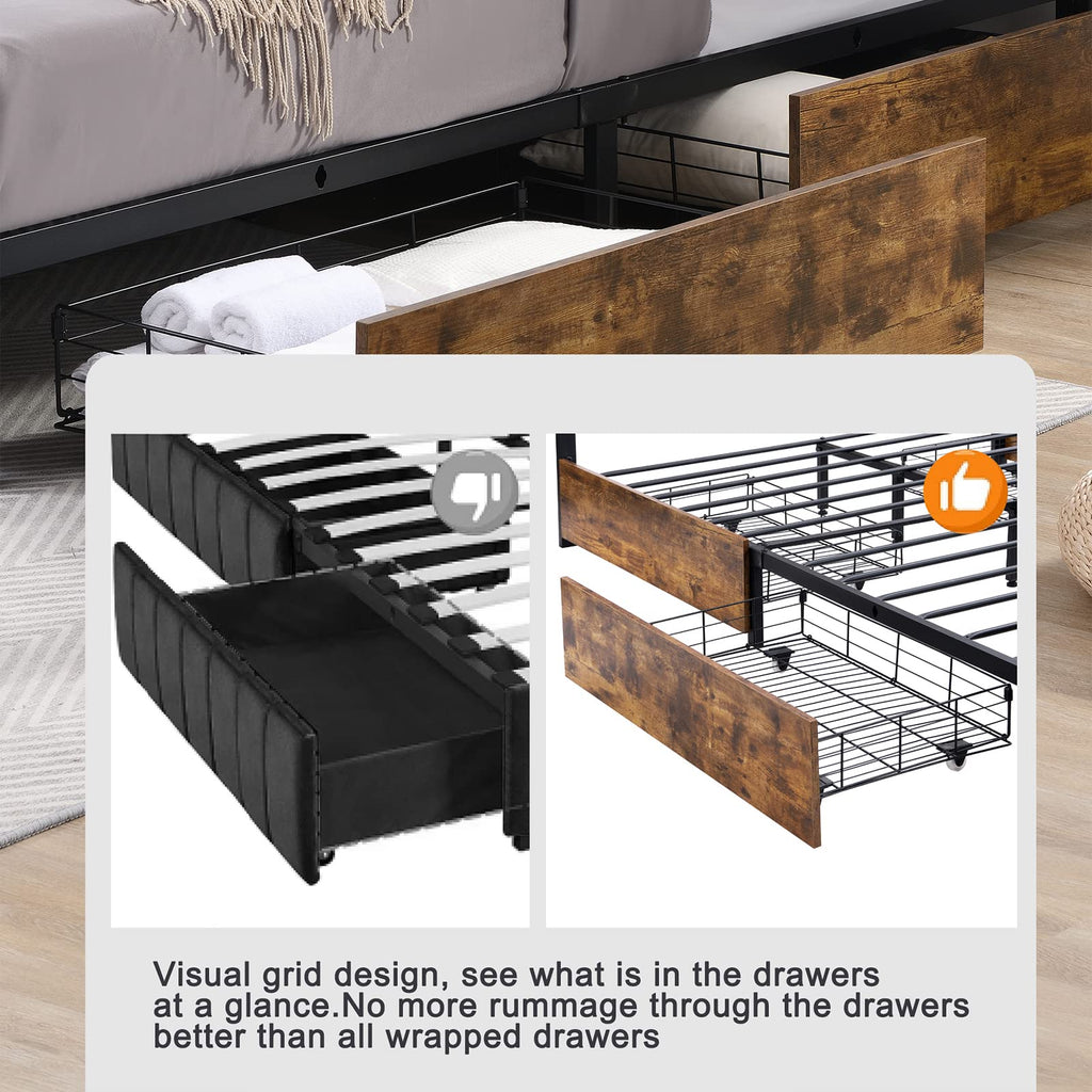 King Size Wood Bed Frame with 4 Storage Drawers B146009