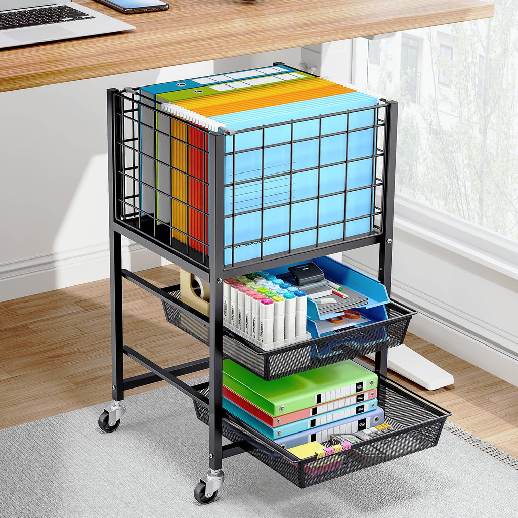 3-Tier Metal Rolling File Cart with 2 Sliding Trays Black D888