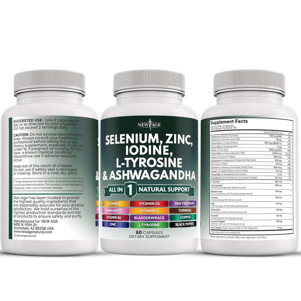 Selenium Zinc Iodine L Tyrosine Ashwagandha Supplement 120 Count H7385