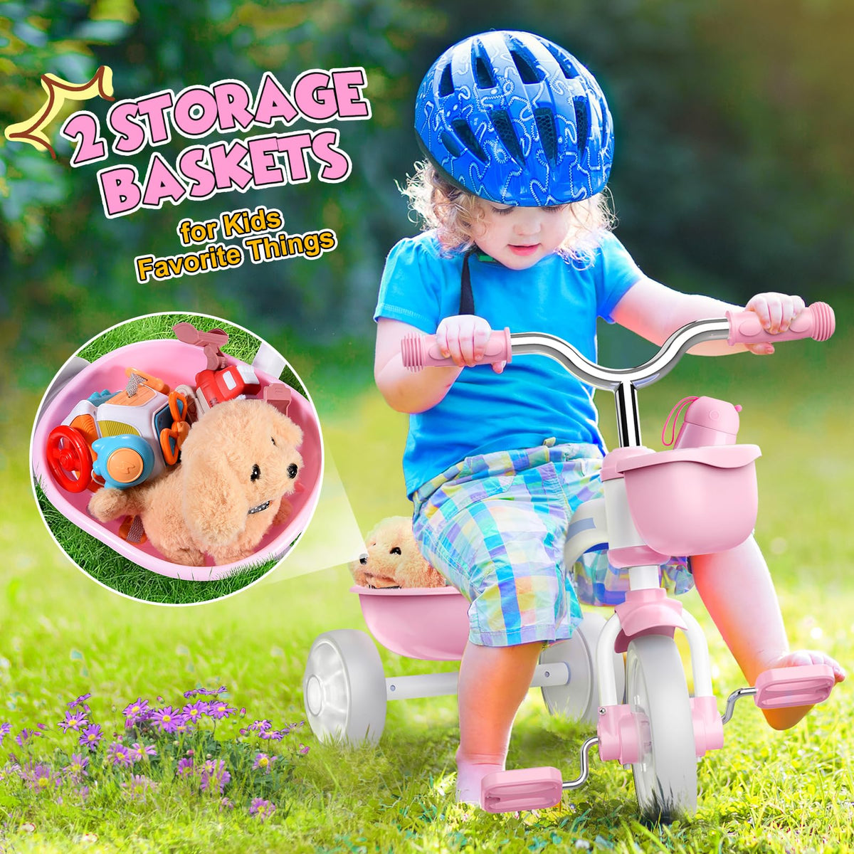 Pink Toddler Tricycle with Adjustable Seat and Light Wheels R7835