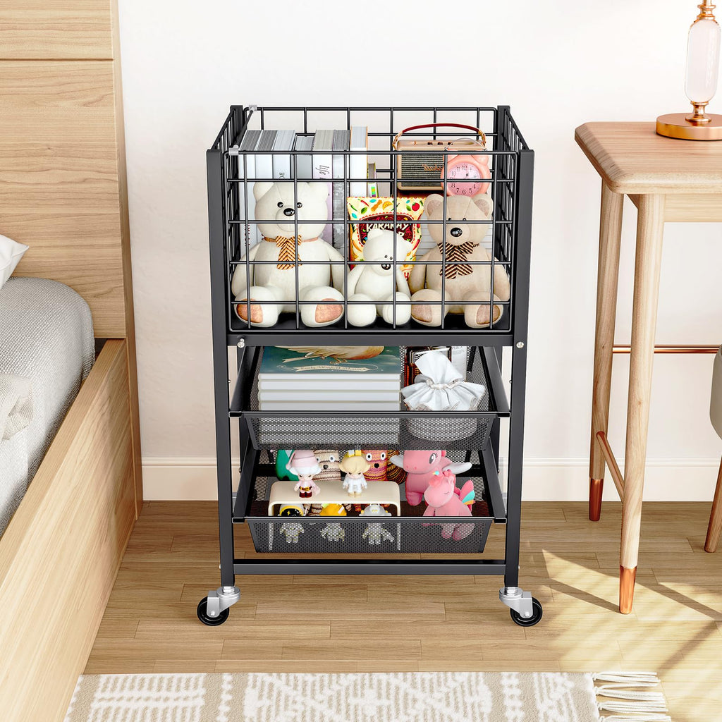 3-Tier Metal Rolling File Cart with 2 Sliding Trays Black D888