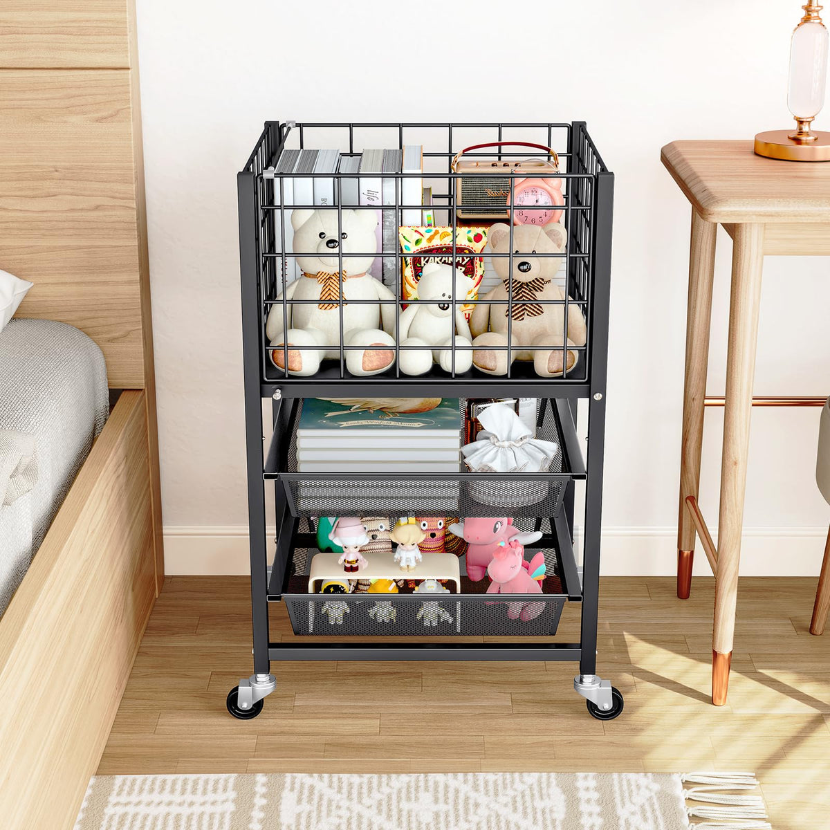 3-Tier Metal Rolling File Cart with 2 Sliding Trays Black D888