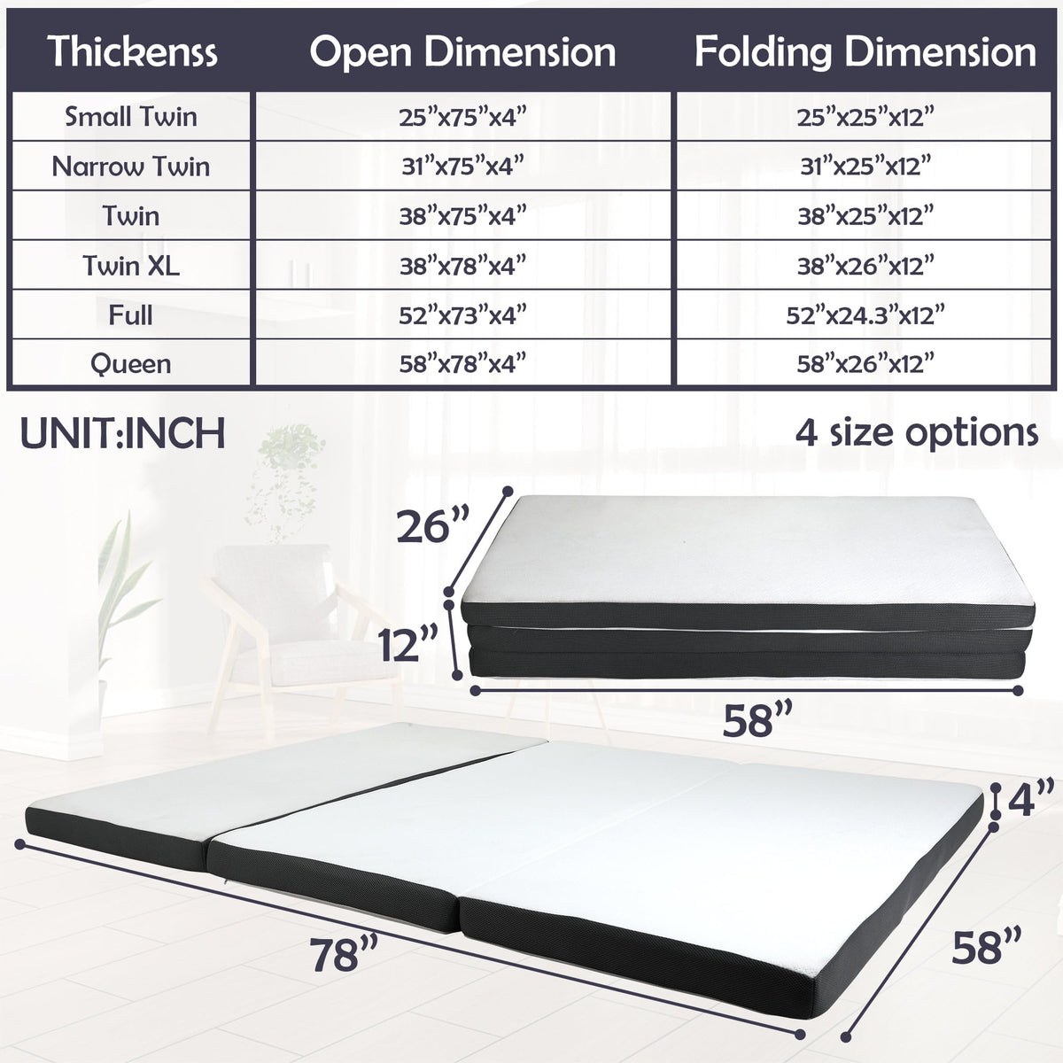 Tri-Fold Gel Memory Foam Mattress with Washable Cover, 3 Inch Queen Z527418