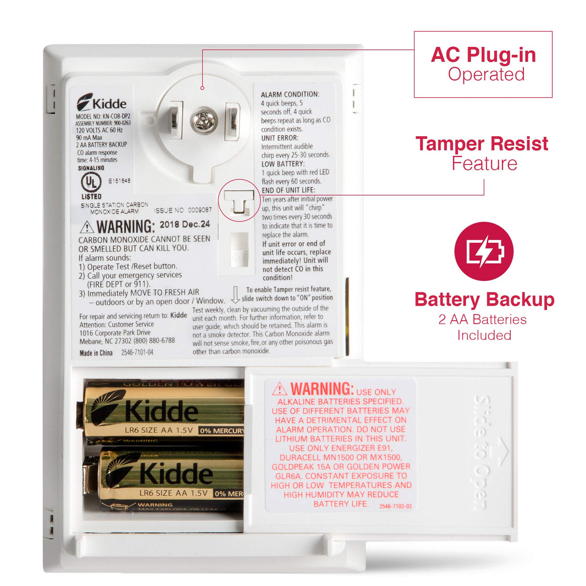 Plug-in Carbon Monoxide Detector with AA Battery Backup P721