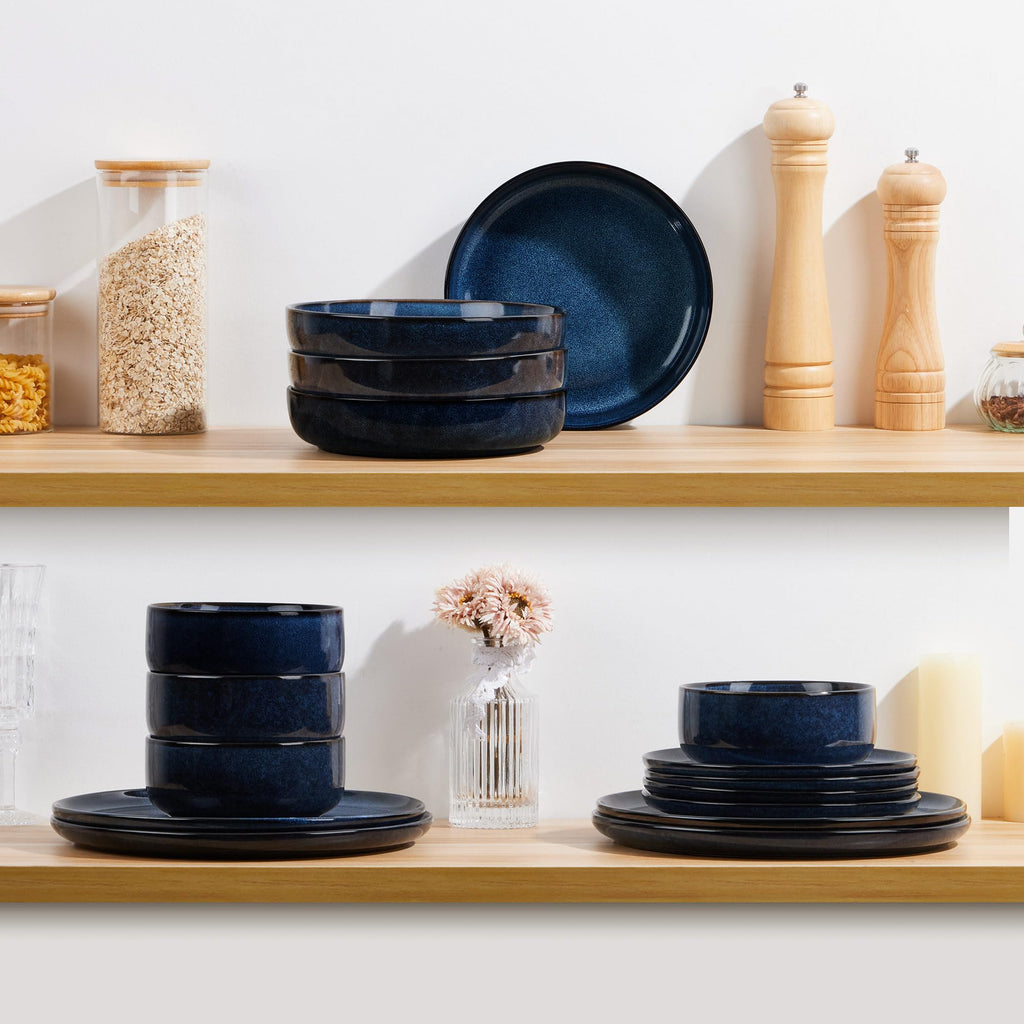 Stoneware Pasta Bowls Set of 4, 35oz Ceramic Bowls, Sapphire Blue F46056