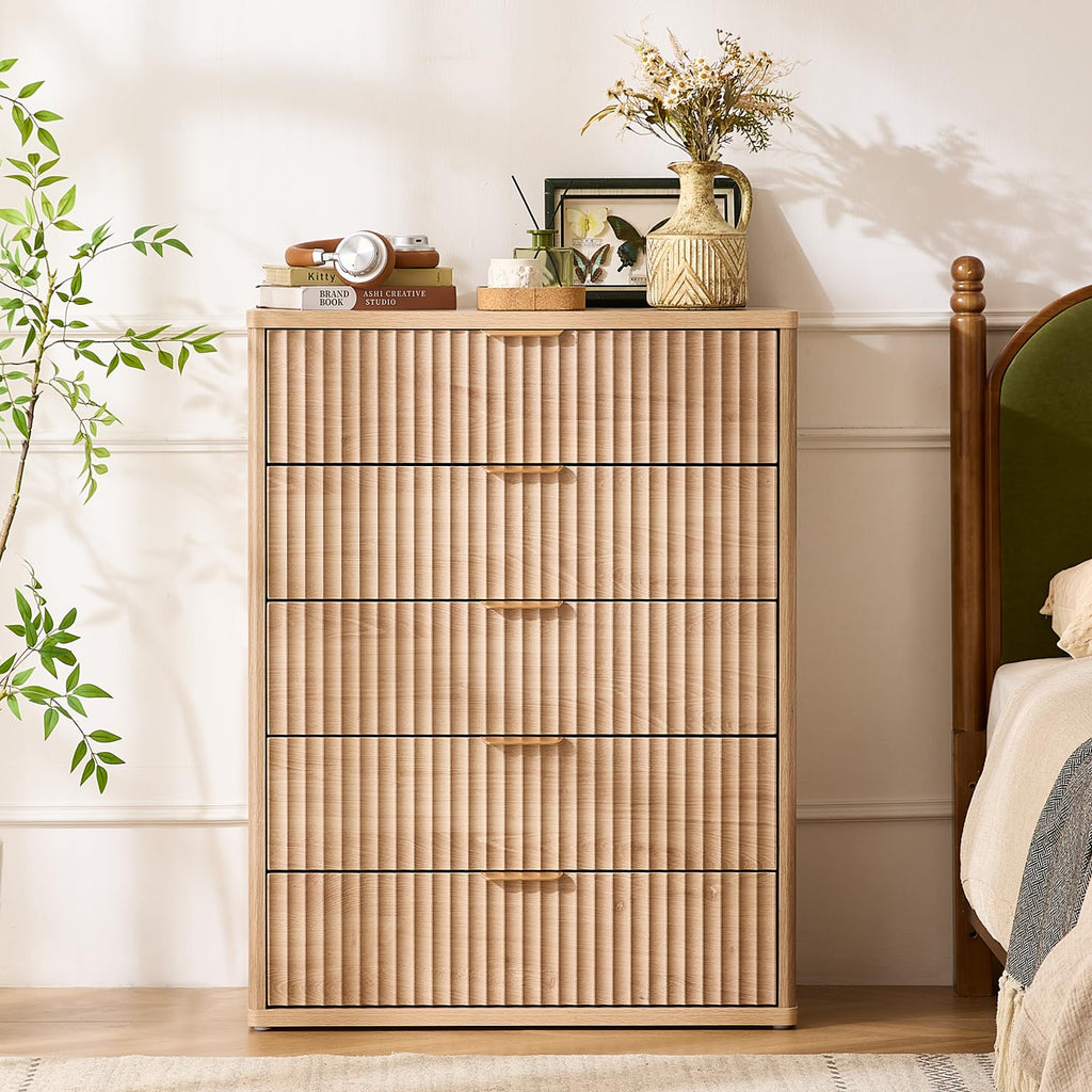 Fluted 5 Drawers Natural Wood Dresser N1056