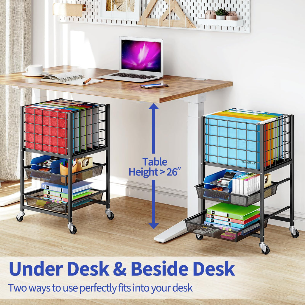 3-Tier Metal Rolling File Cart with 2 Sliding Trays Black D888