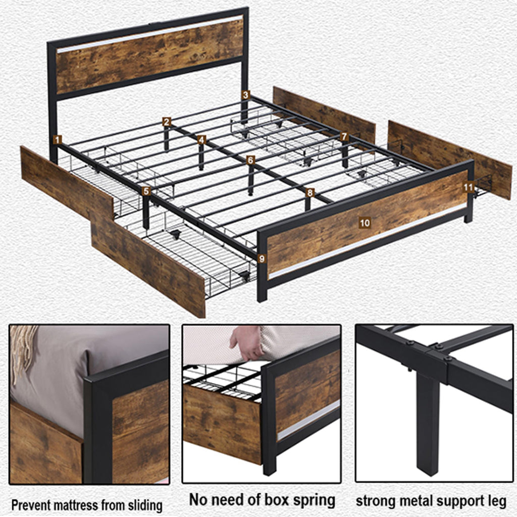 King Size Wood Bed Frame with 4 Storage Drawers B146009