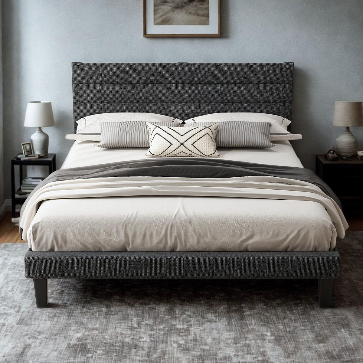 Queen Size Linen Fabric Upholstered Platform Bed Frame Z80432