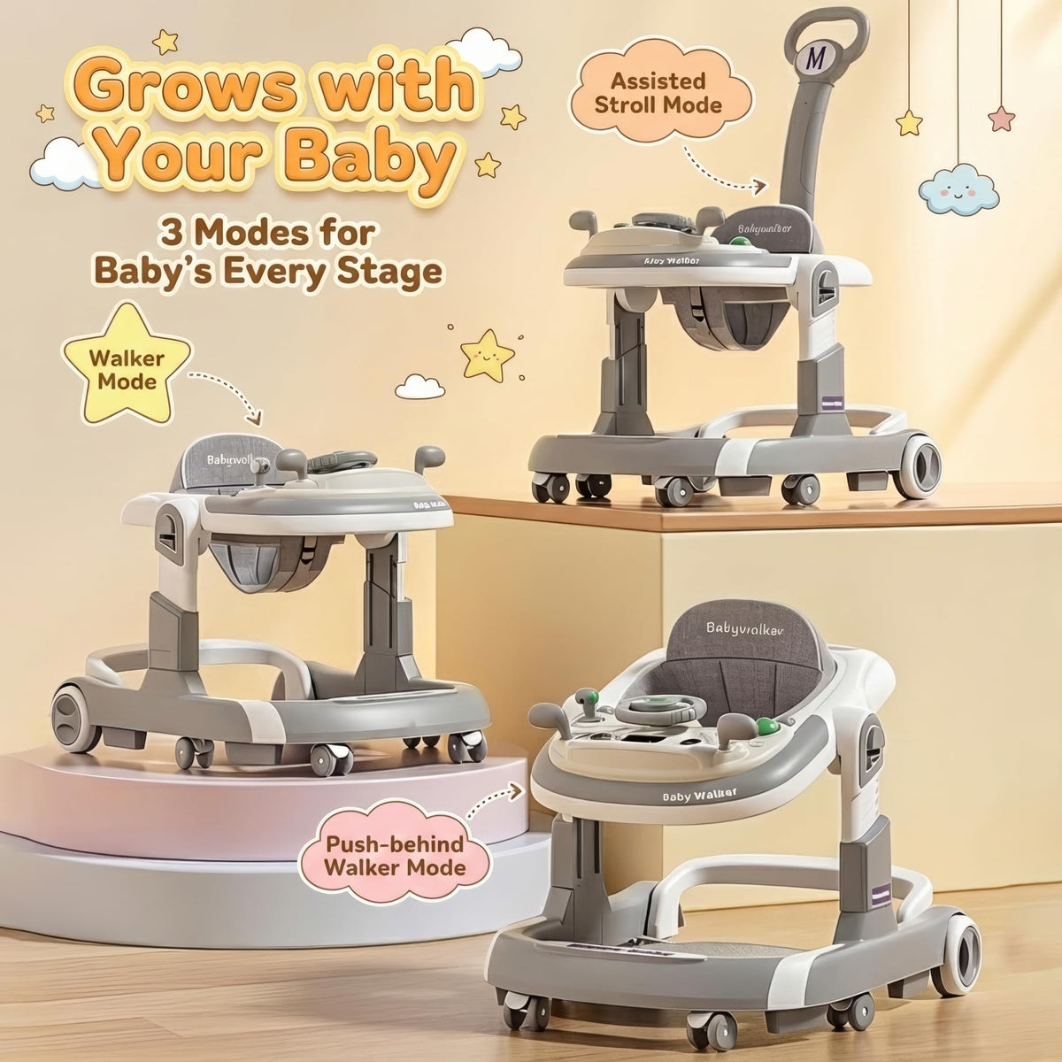 Foldable Baby Walker with Wheels and Bouncing Foot Mat N97664