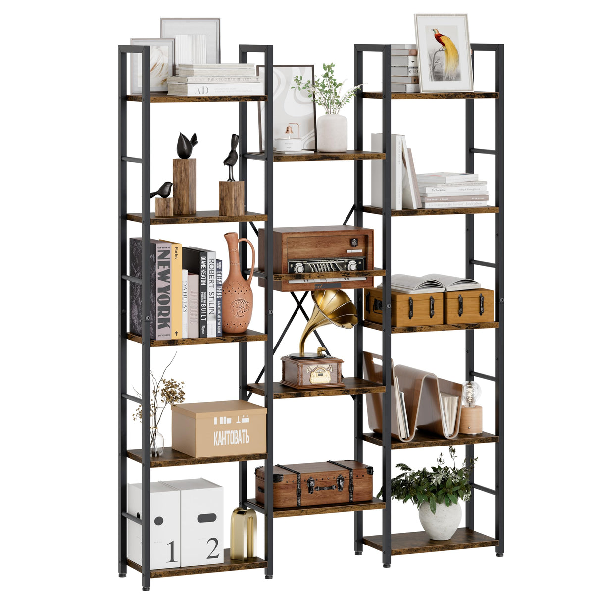 5 Tier Metal Bookshelf with Rustic Brown Shelves W139573