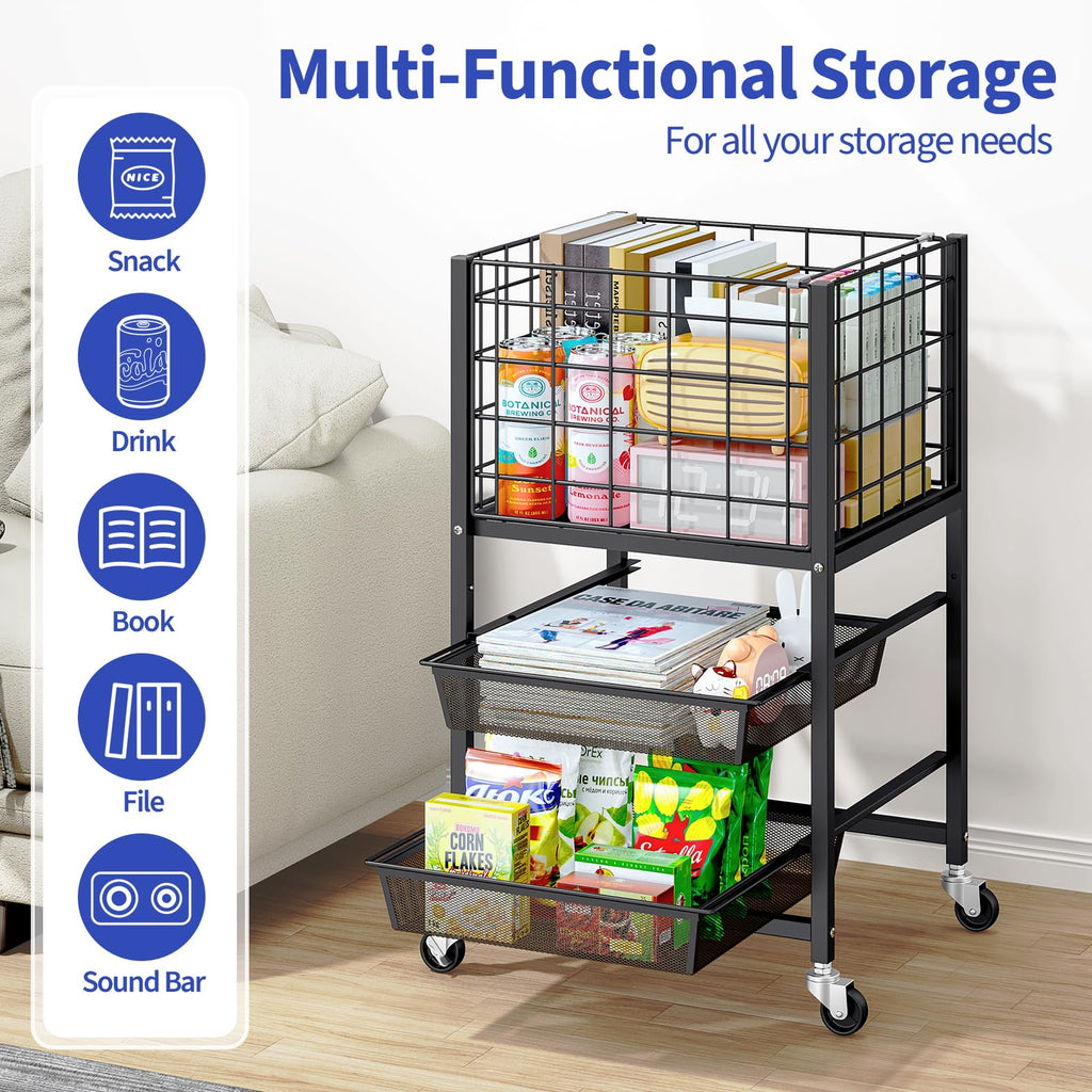 3-Tier Metal Rolling File Cart with 2 Sliding Trays Black D888