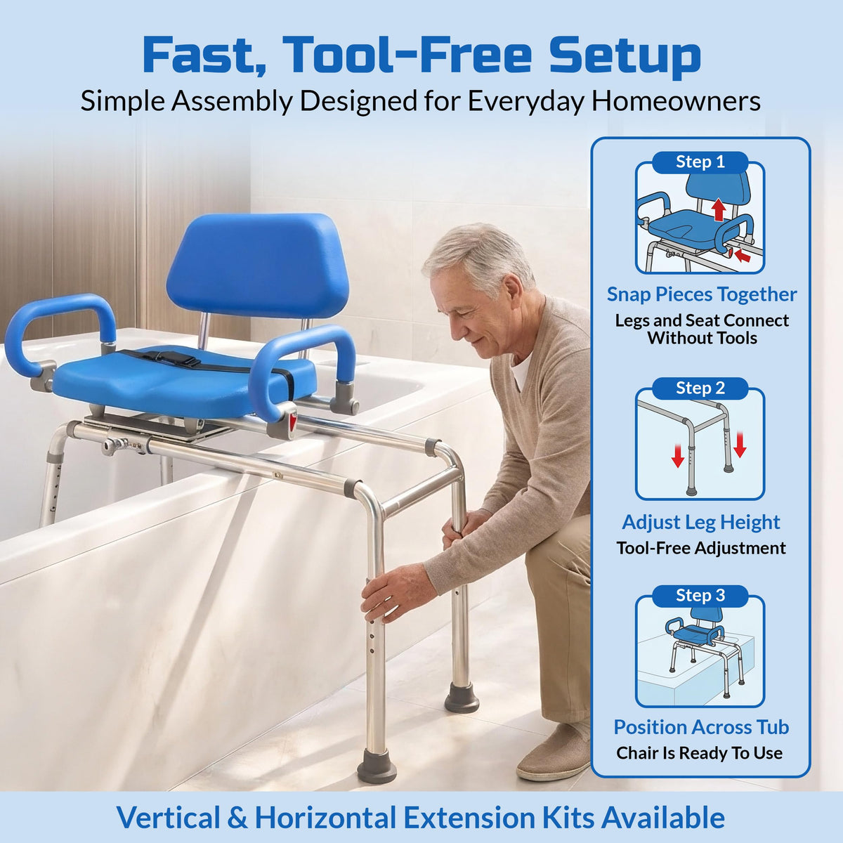 Blue Sliding Shower Chair Tub Transfer Bench with Swivel Seat P875