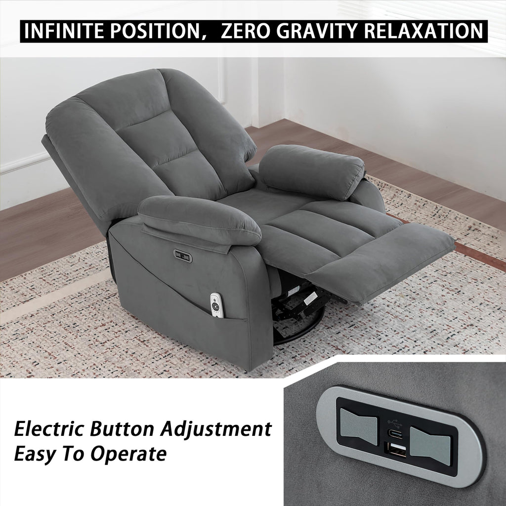 Velvet Grey Power Swivel Rocker Recliner with Massage and Heat Y81670