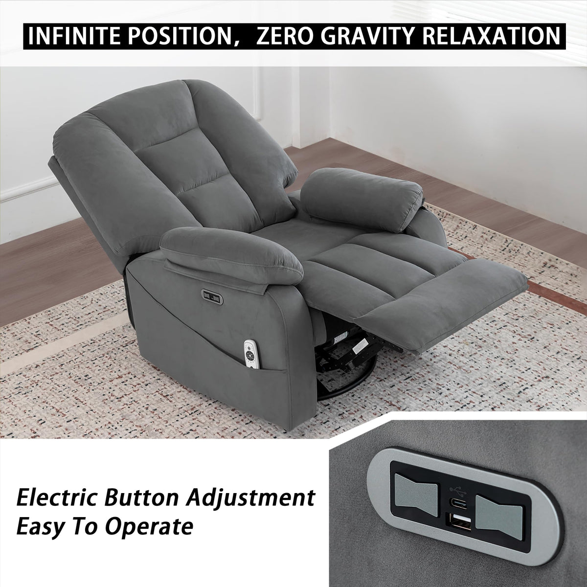 Velvet Grey Power Swivel Rocker Recliner with Massage and Heat Y81670
