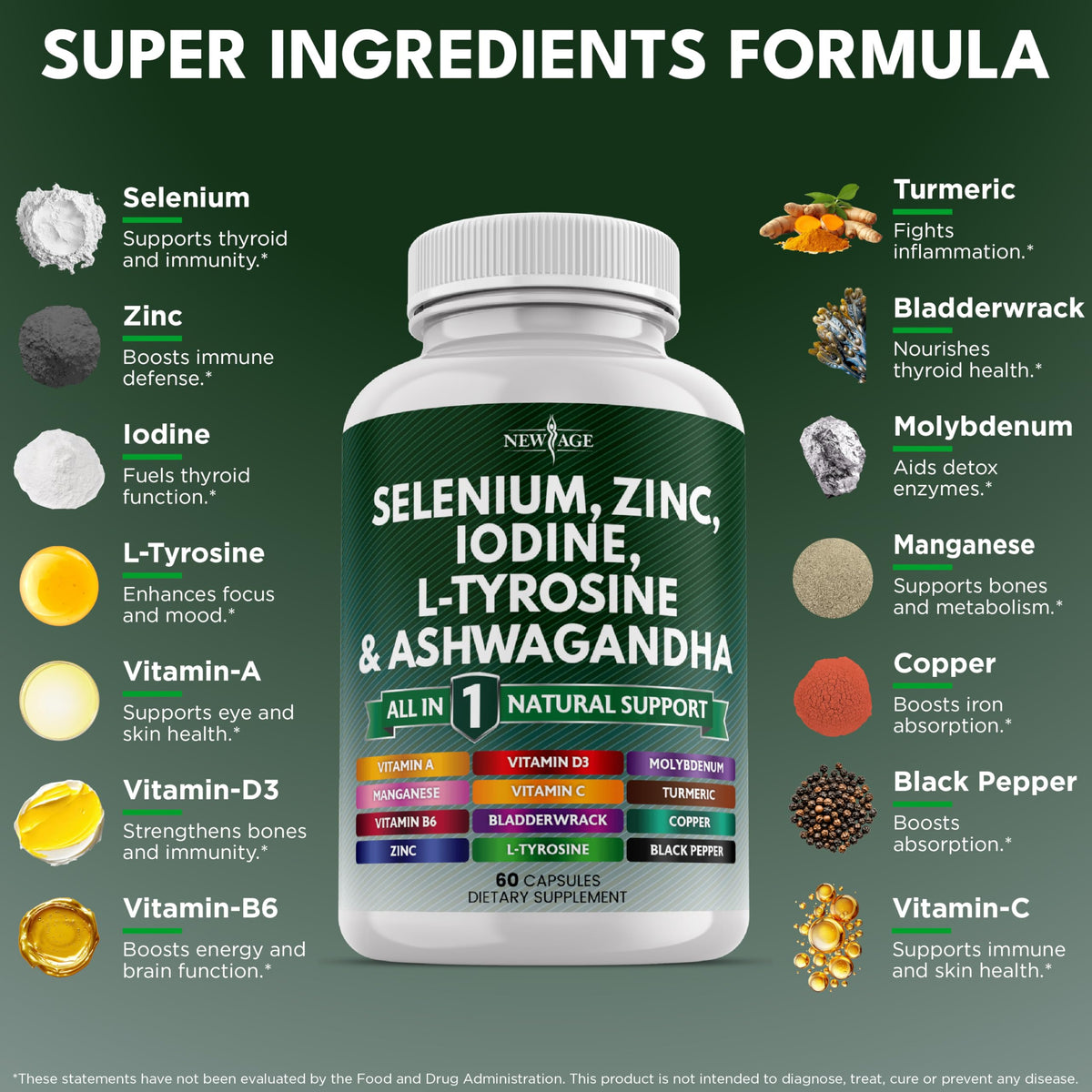 Selenium Zinc Iodine L Tyrosine Ashwagandha Supplement 120 Count H7385