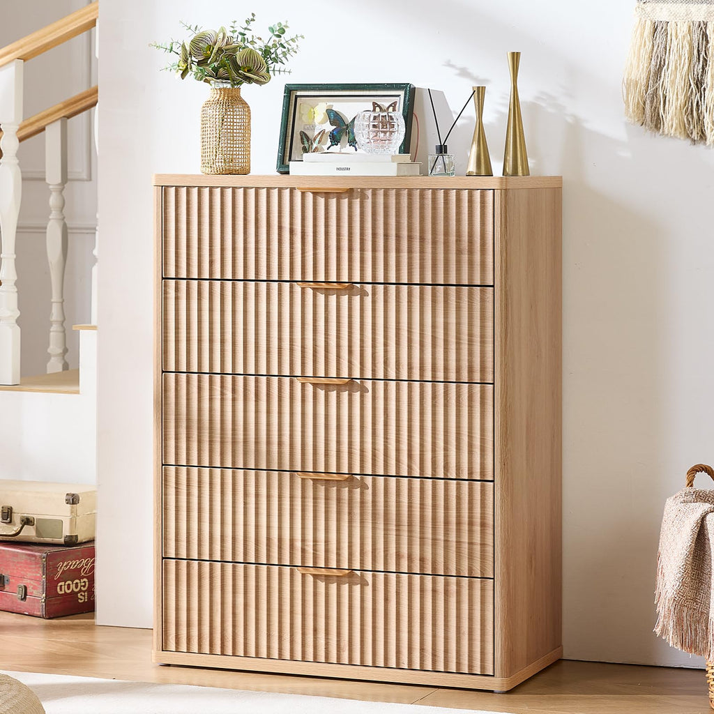 Fluted 5 Drawers Natural Wood Dresser N1056