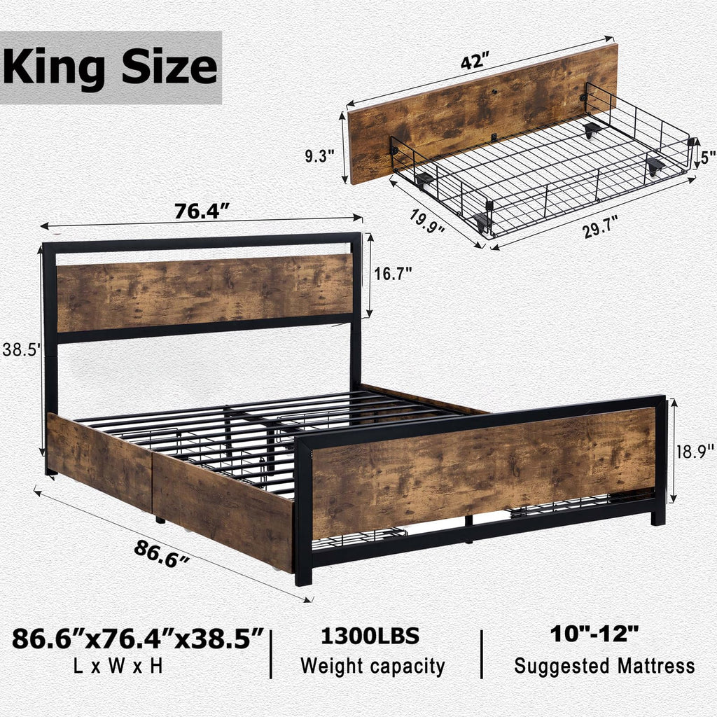 King Size Wood Bed Frame with 4 Storage Drawers B146009