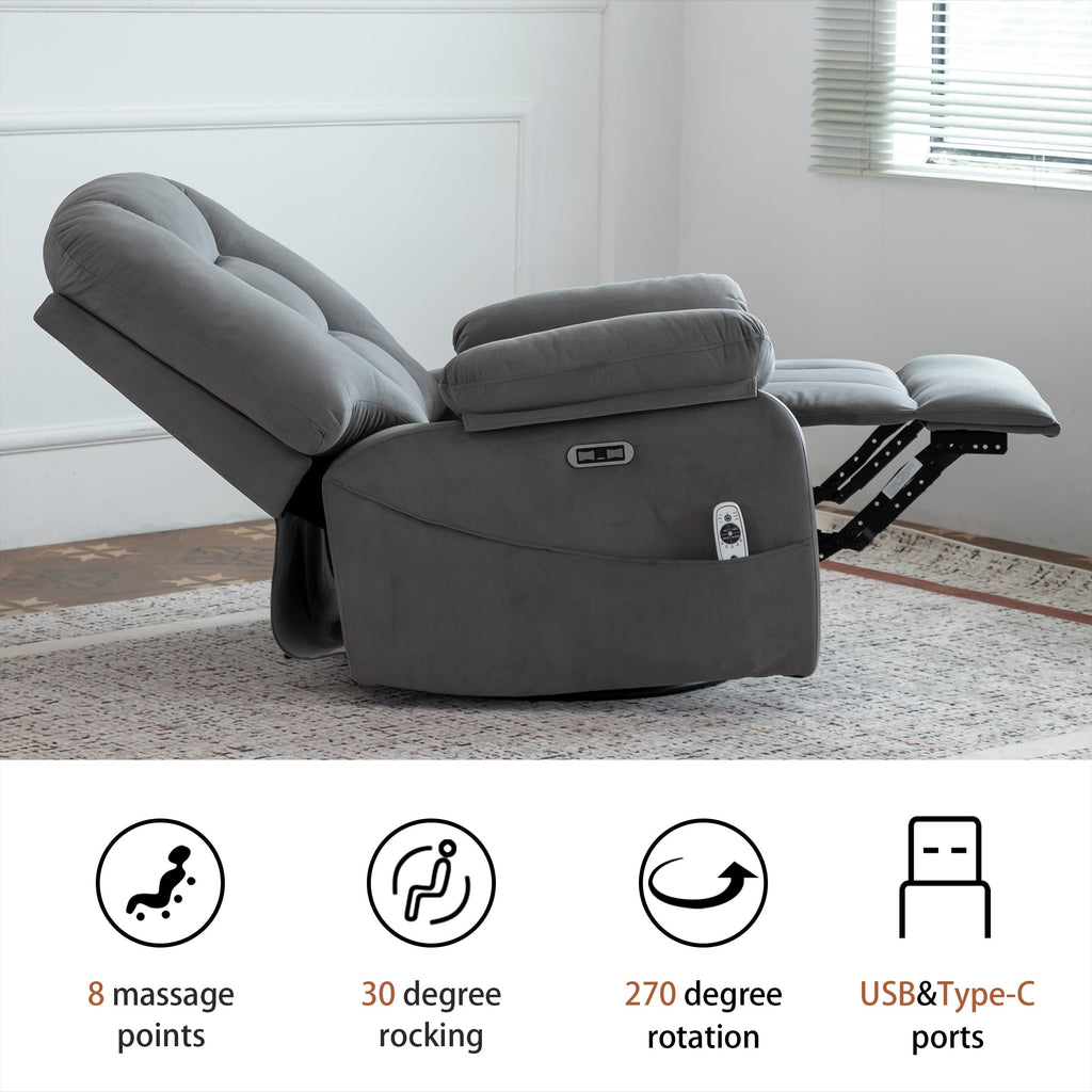 Velvet Grey Power Swivel Rocker Recliner with Massage and Heat Y81670