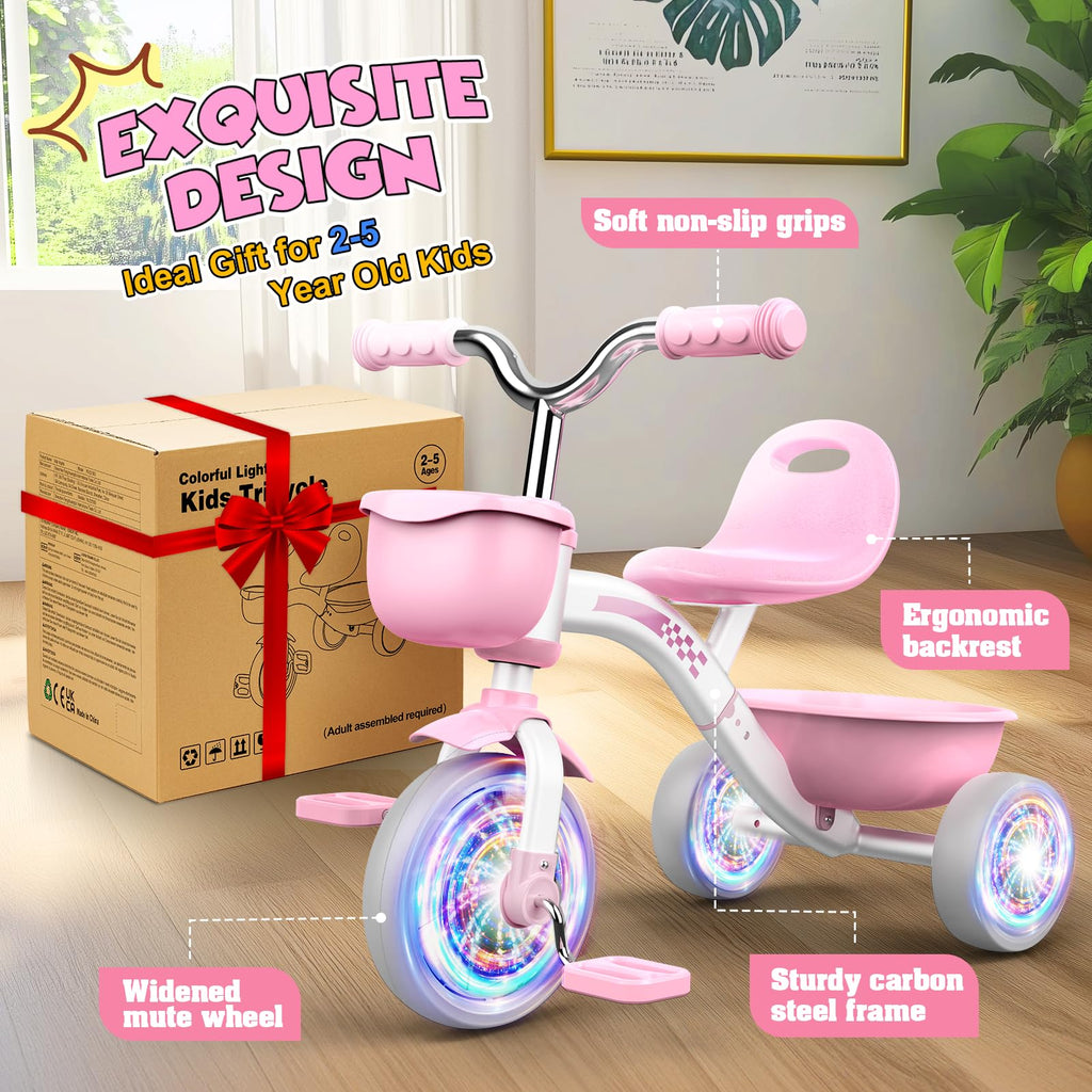 Pink Toddler Tricycle with Adjustable Seat and Light Wheels R7835