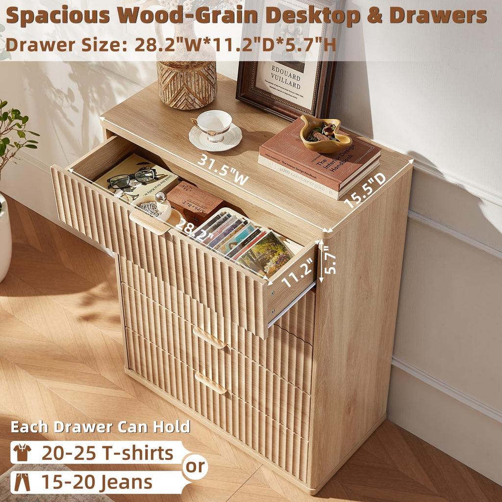 Fluted 5 Drawers Natural Wood Dresser N1056