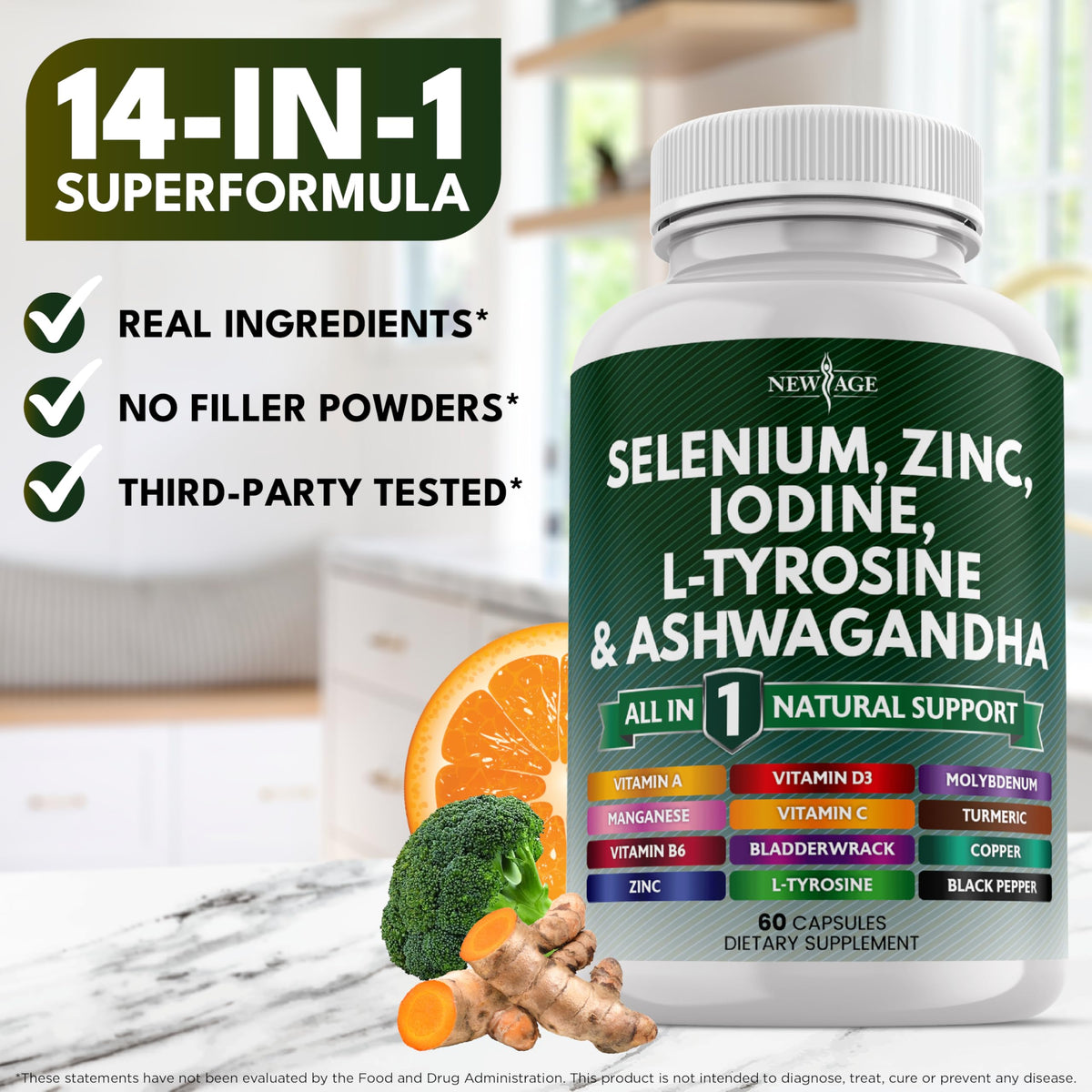 Selenium Zinc Iodine L Tyrosine Ashwagandha Supplement 120 Count H7385