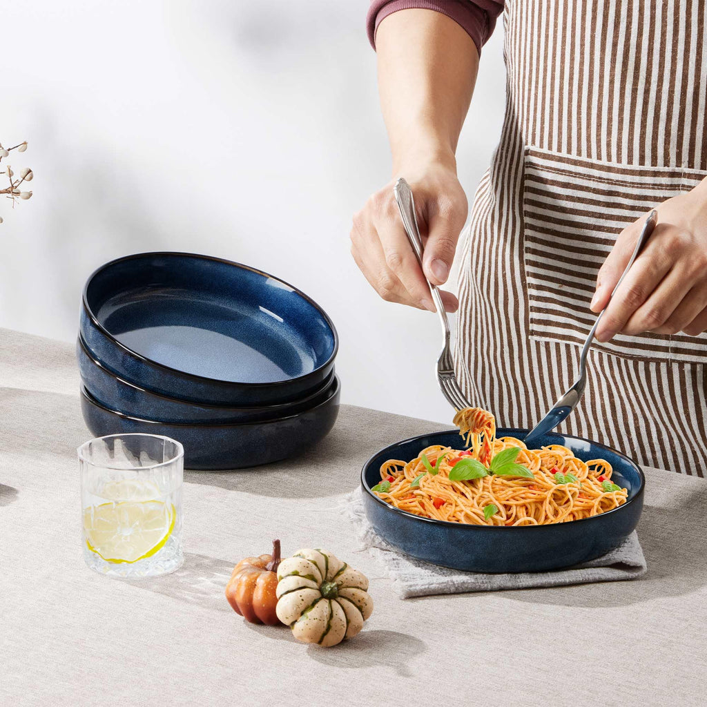 Stoneware Pasta Bowls Set of 4, 35oz Ceramic Bowls, Sapphire Blue F46056