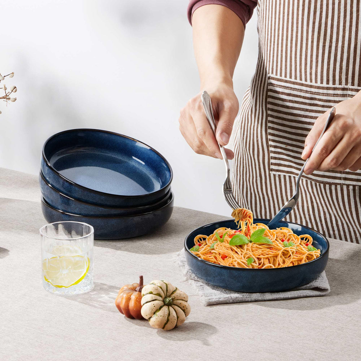 Stoneware Pasta Bowls Set of 4, 35oz Ceramic Bowls, Sapphire Blue F46056