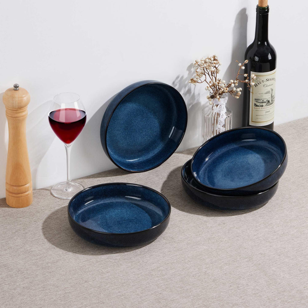 Stoneware Pasta Bowls Set of 4, 35oz Ceramic Bowls, Sapphire Blue F46056
