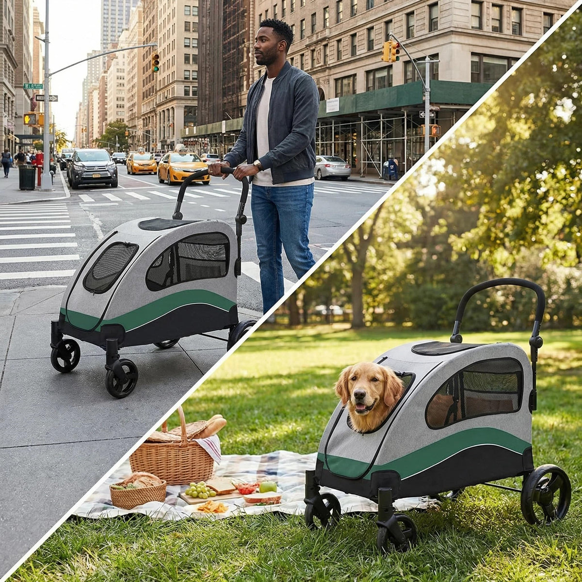 Extra Large Foldable Dog Stroller with Wheels and Brakes A5049