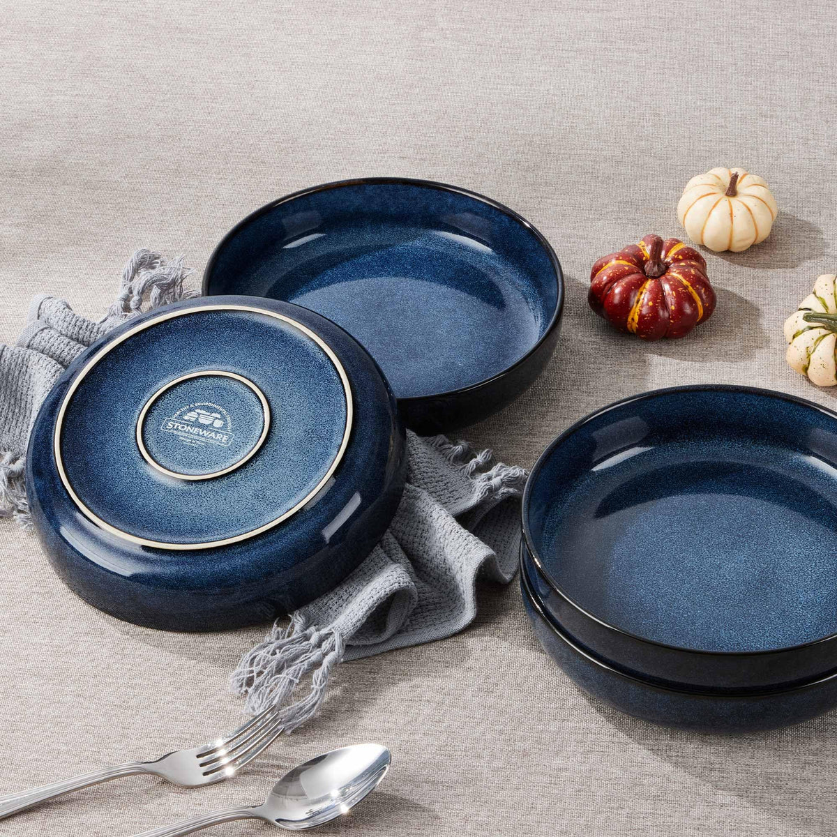 Stoneware Pasta Bowls Set of 4, 35oz Ceramic Bowls, Sapphire Blue F46056