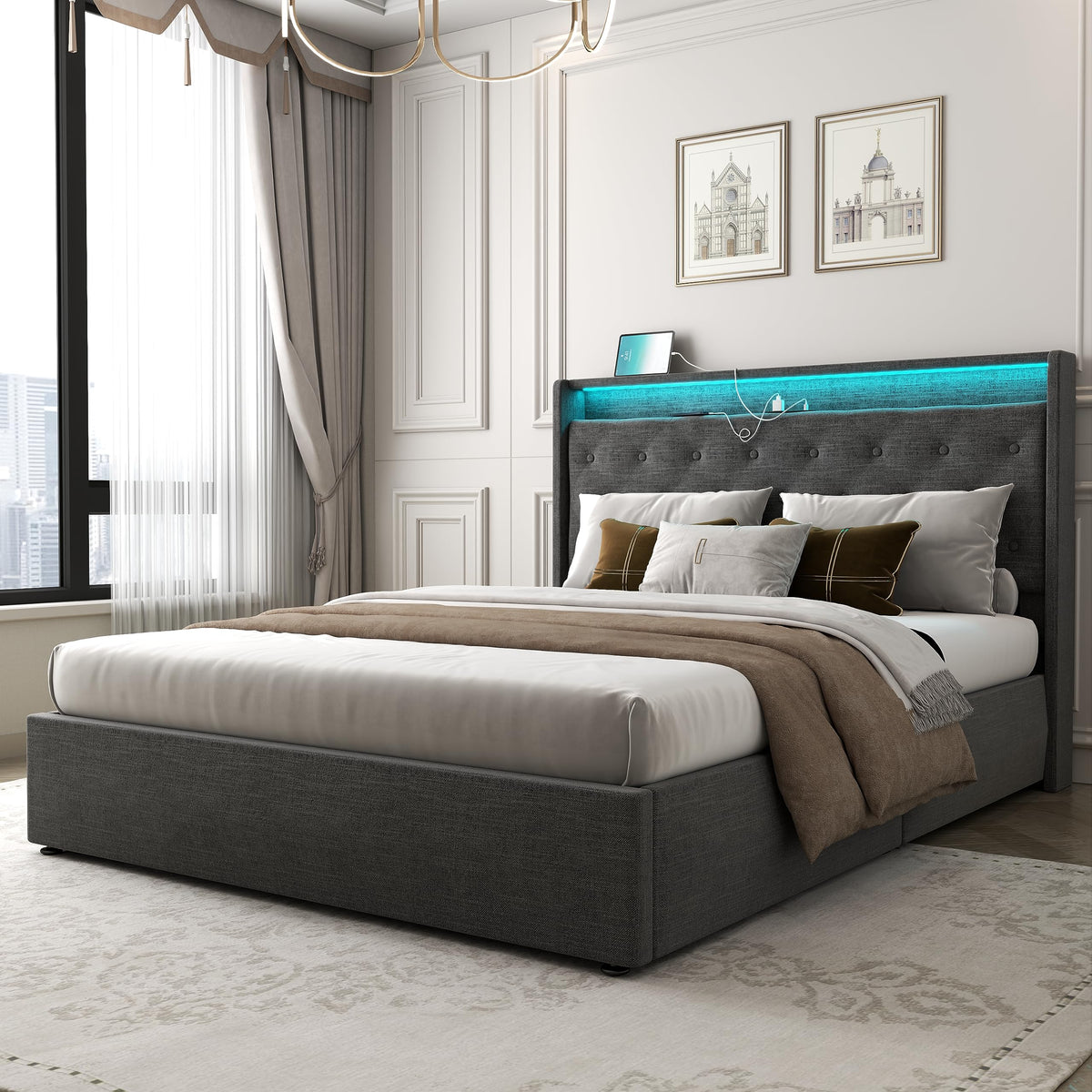Queen Lift Up Storage Bed Frame with Charging Station & LED Lights Dark Grey D468327