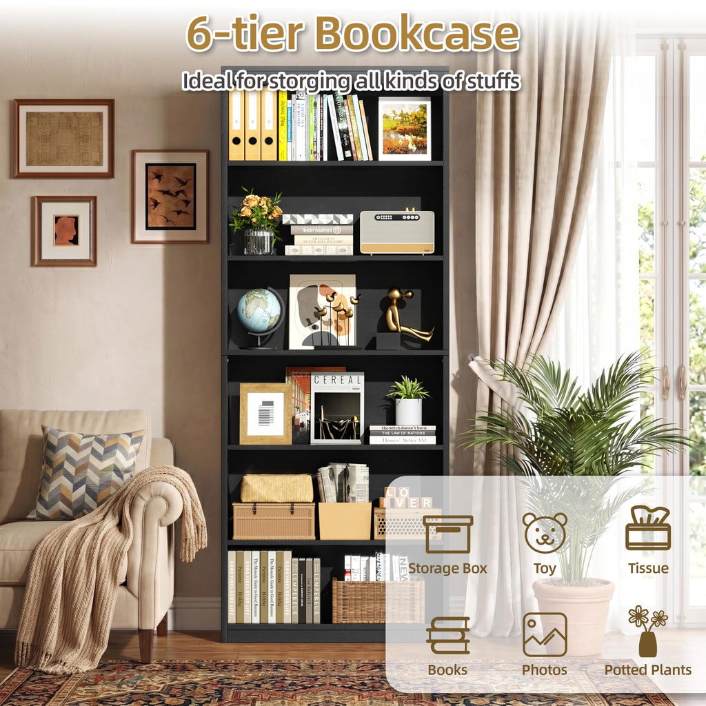 6-Tier Black Wood Bookshelf R88126