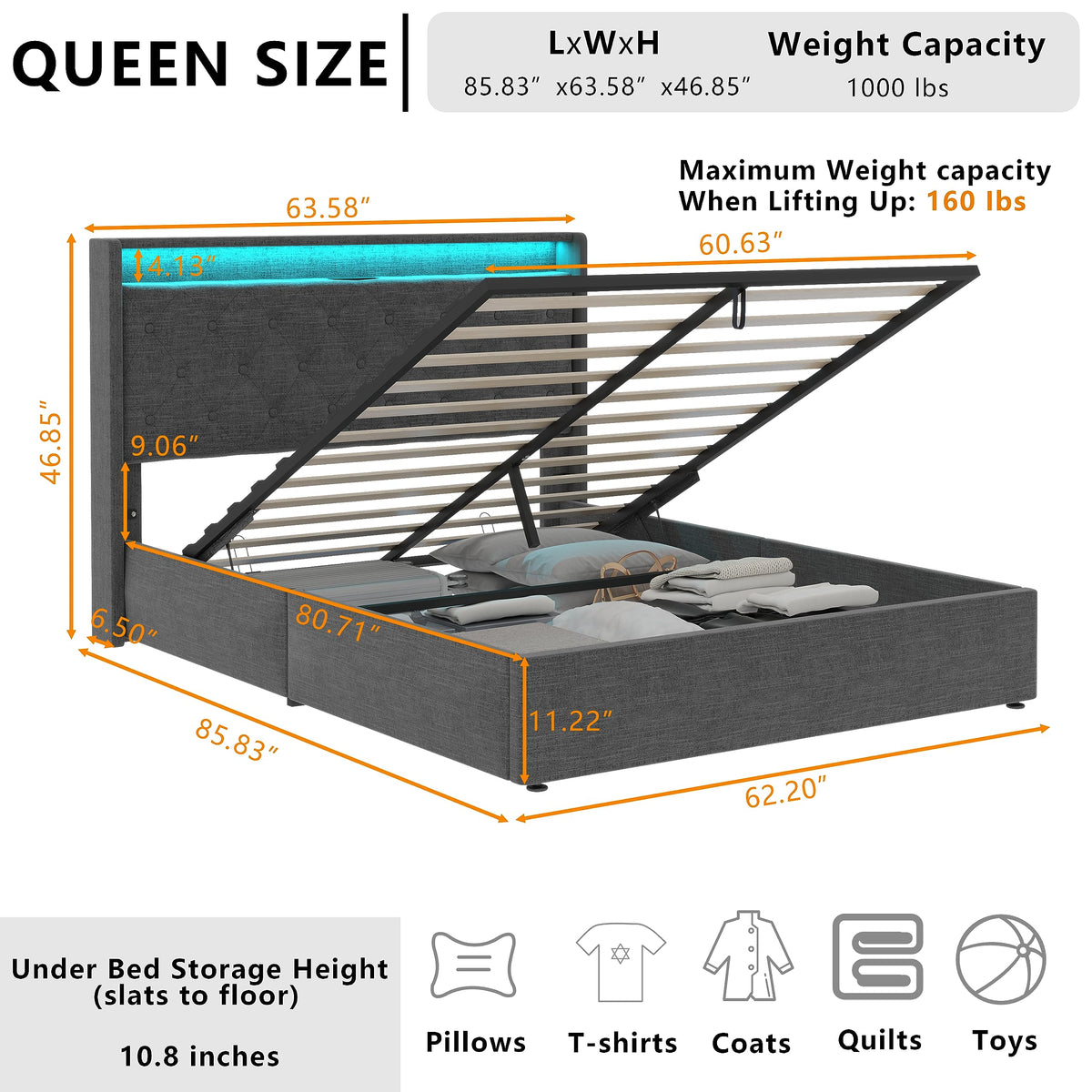 Queen Lift Up Storage Bed Frame with Charging Station & LED Lights Dark Grey D468327