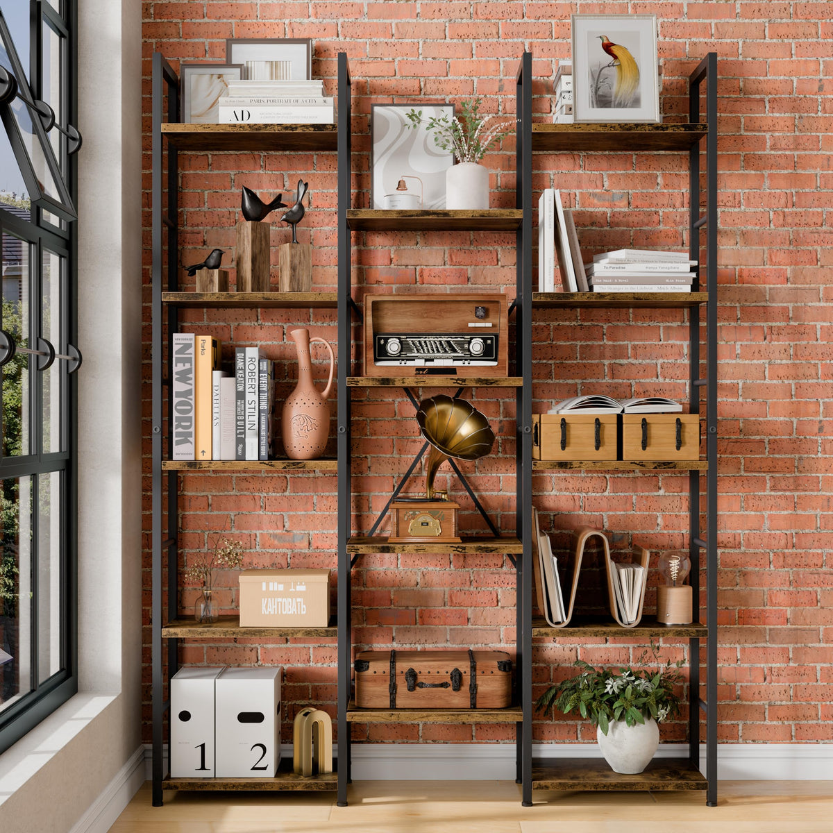5 Tier Metal Bookshelf with Rustic Brown Shelves W139573