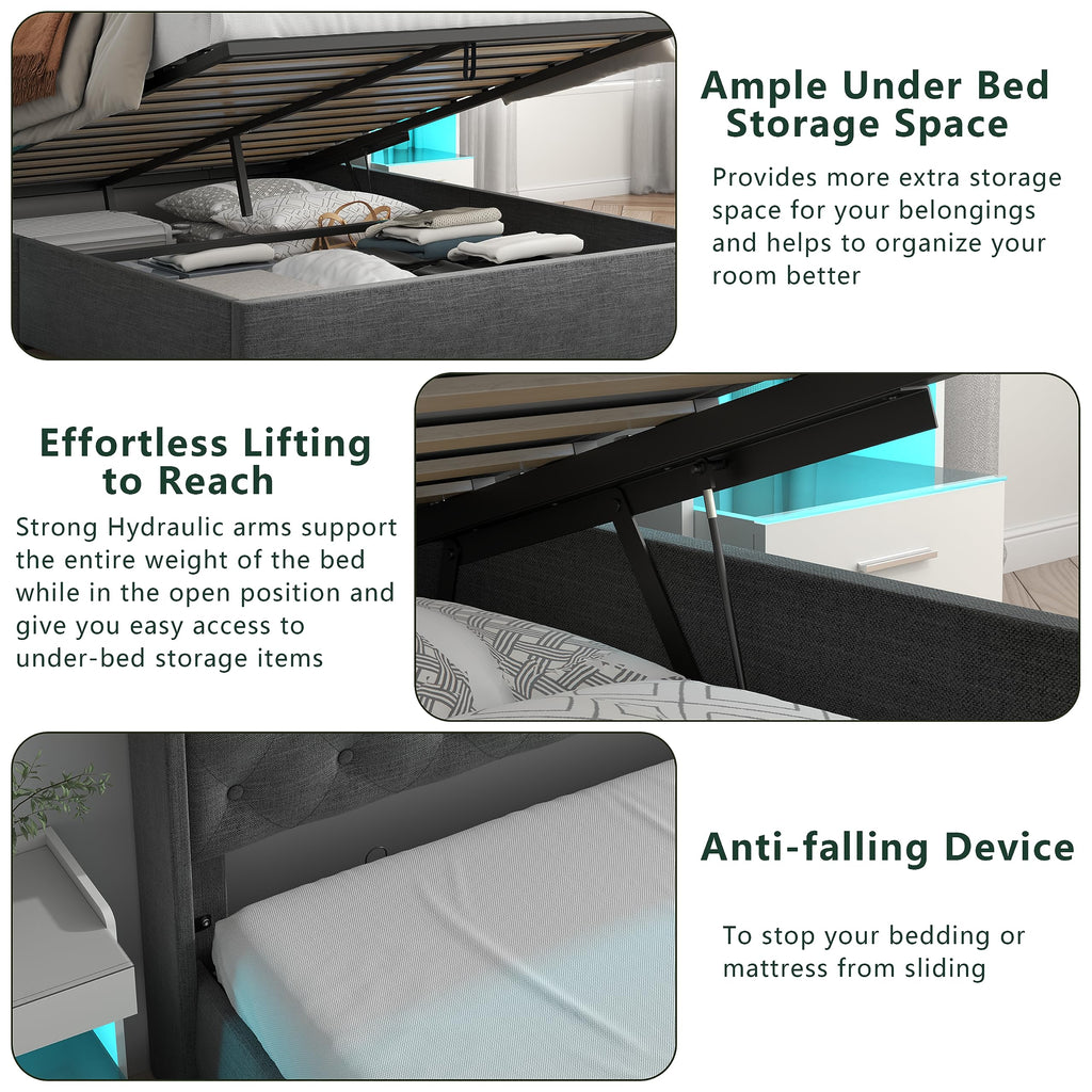 Queen Lift Up Storage Bed Frame with Charging Station & LED Lights Dark Grey D468327