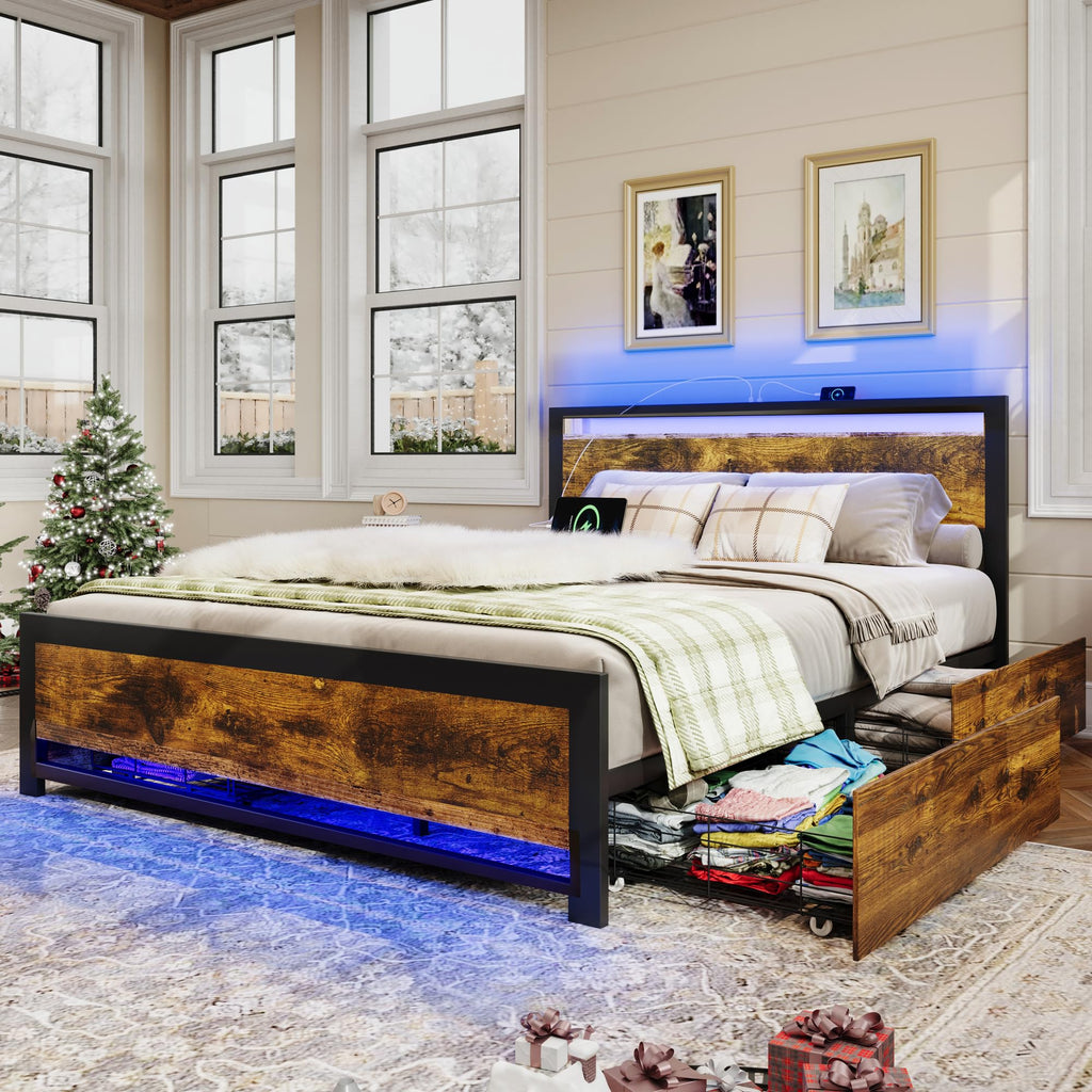 King Size Wood Bed Frame with 4 Storage Drawers B146009