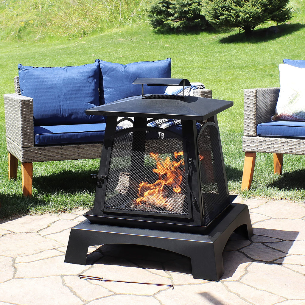 32-Inch Steel Wood-Burning Fire Pit with Log Grate and Poker Z183
