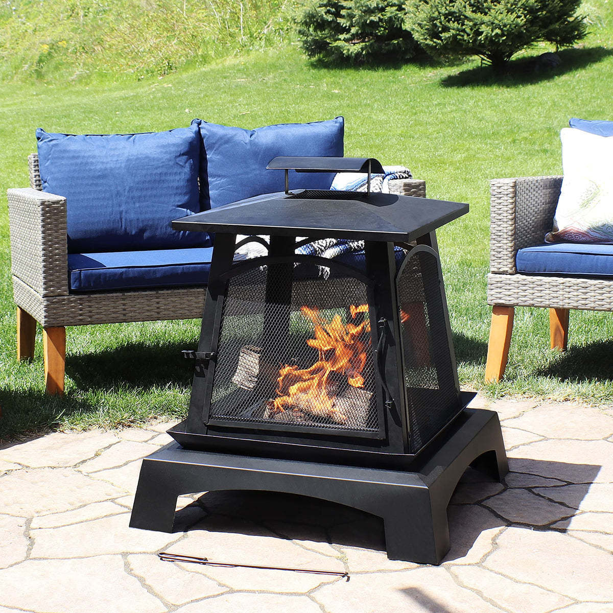 32-Inch Steel Wood-Burning Fire Pit with Log Grate and Poker Z183