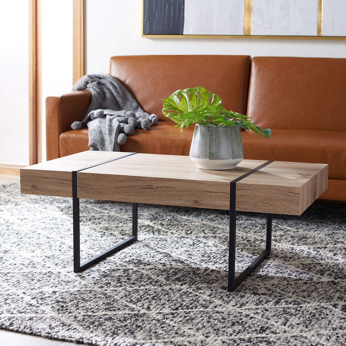 Rectangular Wood Top Black Metal Base Coffee Table W831