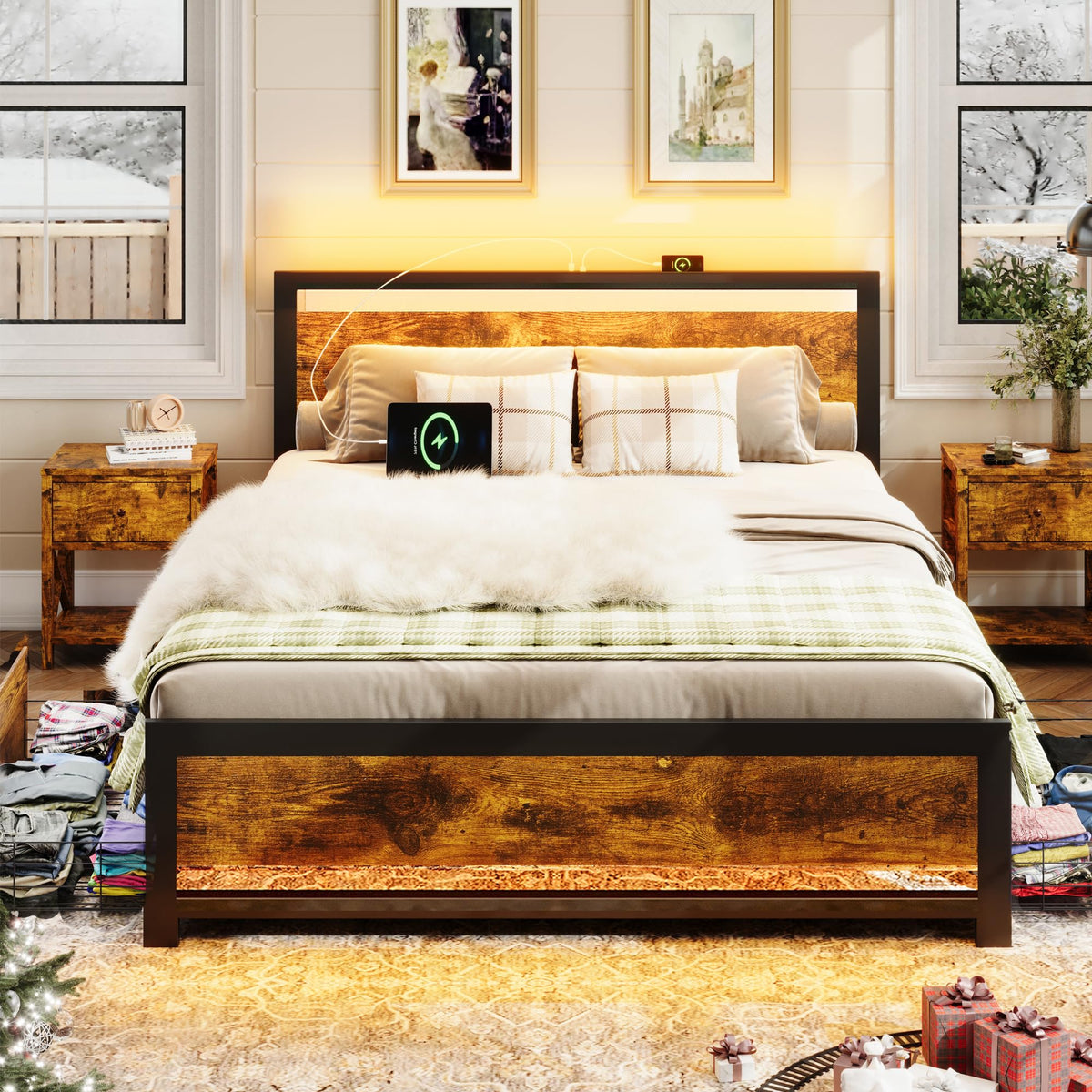 King Size Wood Bed Frame with 4 Storage Drawers B146009