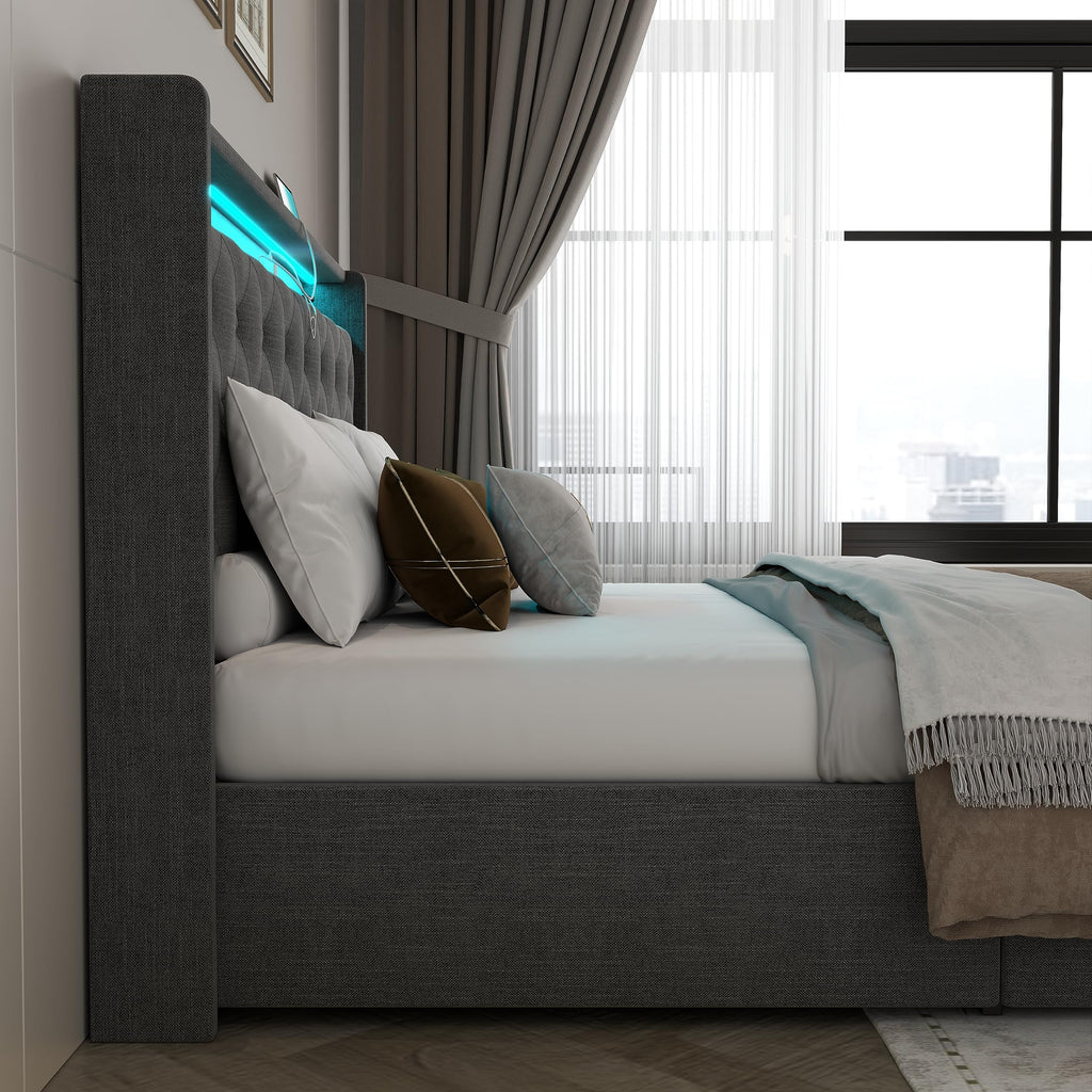 Queen Lift Up Storage Bed Frame with Charging Station & LED Lights Dark Grey D468327