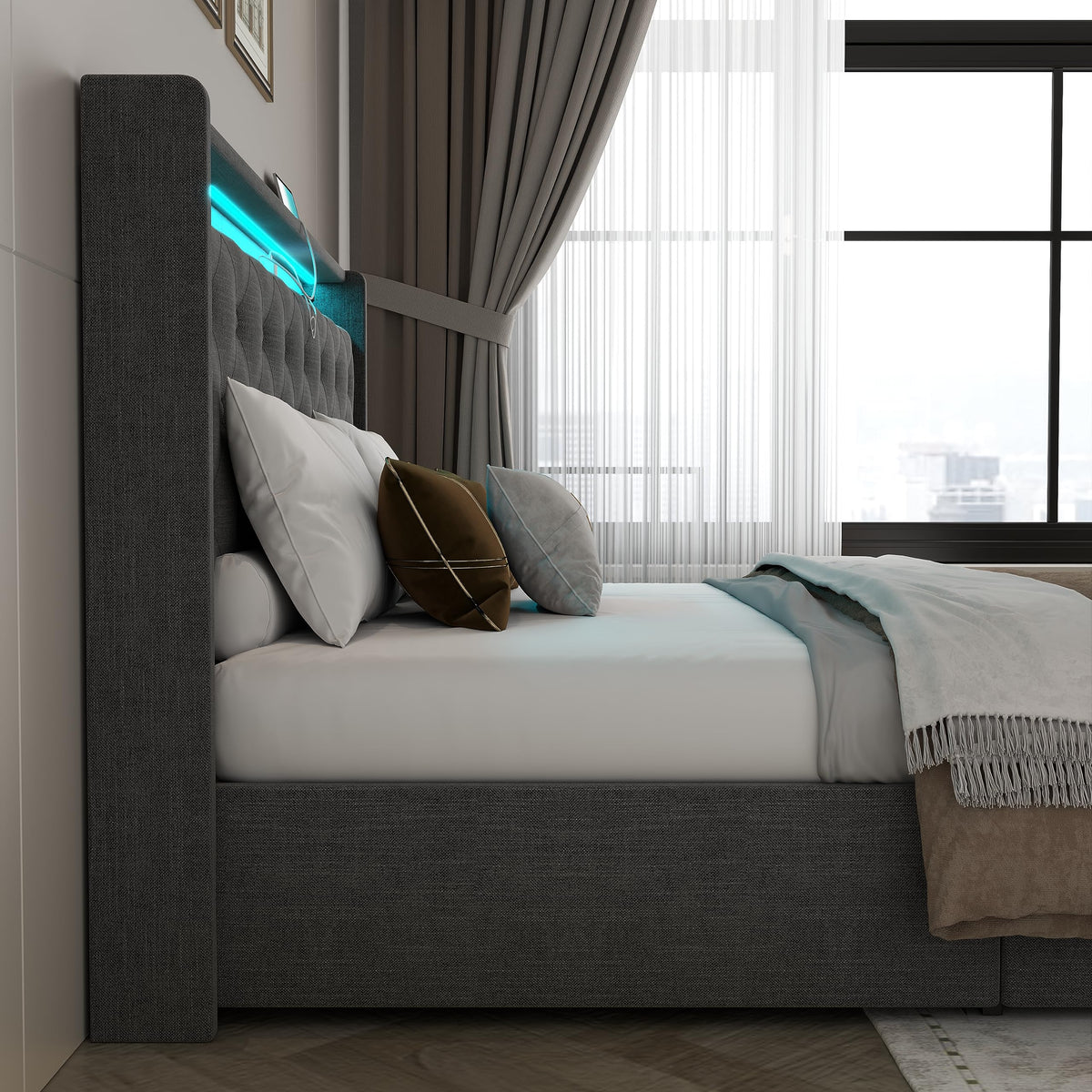 Queen Lift Up Storage Bed Frame with Charging Station & LED Lights Dark Grey D468327