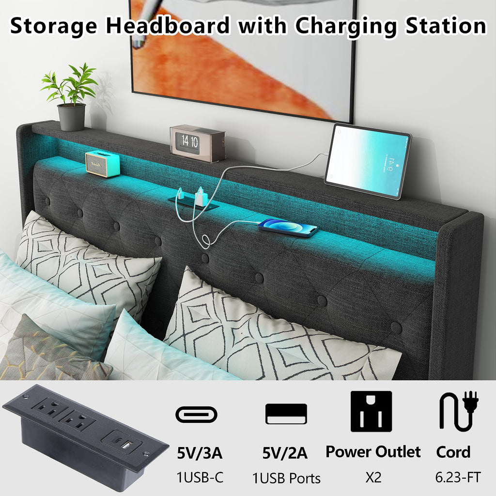 Queen Lift Up Storage Bed Frame with Charging Station & LED Lights Dark Grey D468327
