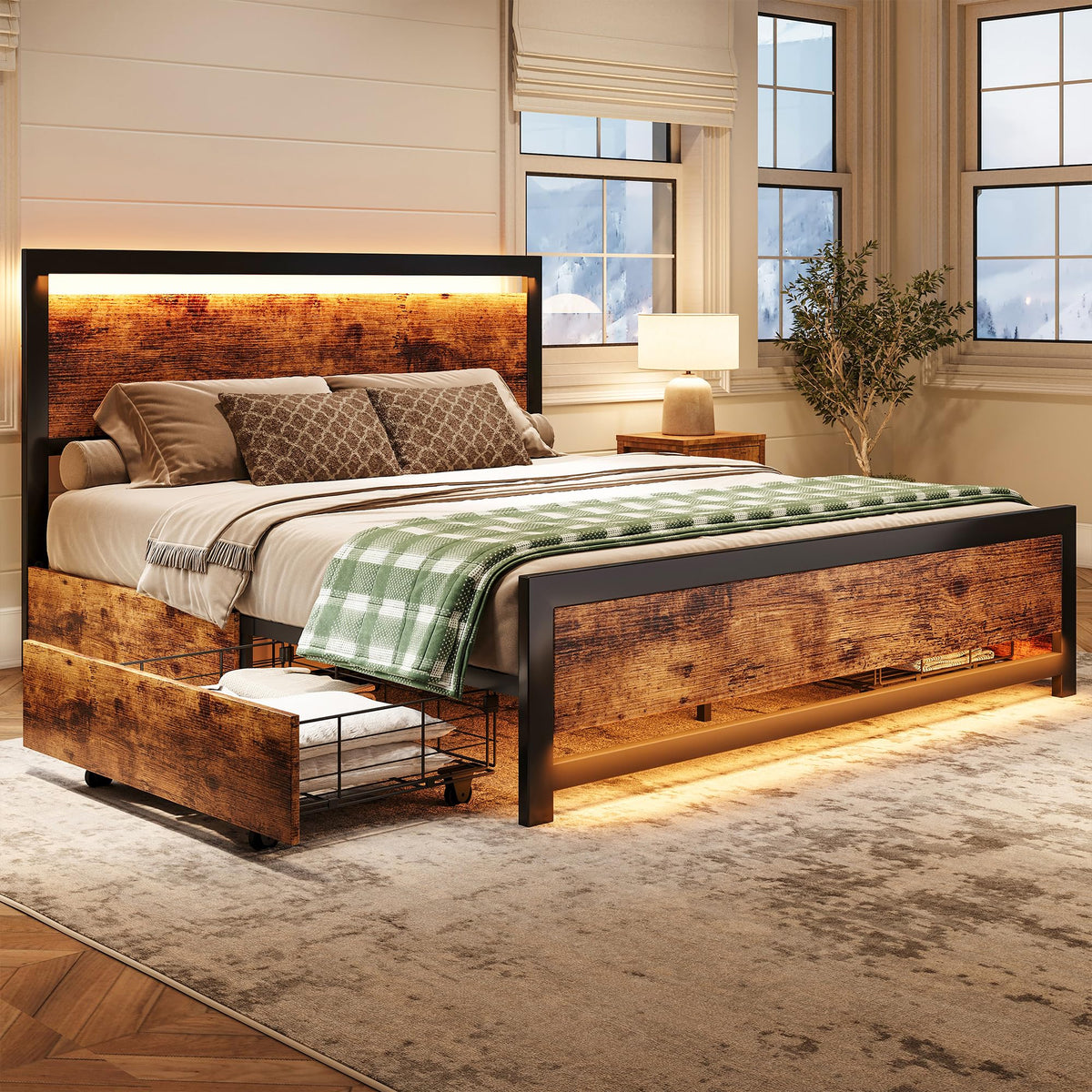 King Size Wood Bed Frame with 4 Storage Drawers B146009