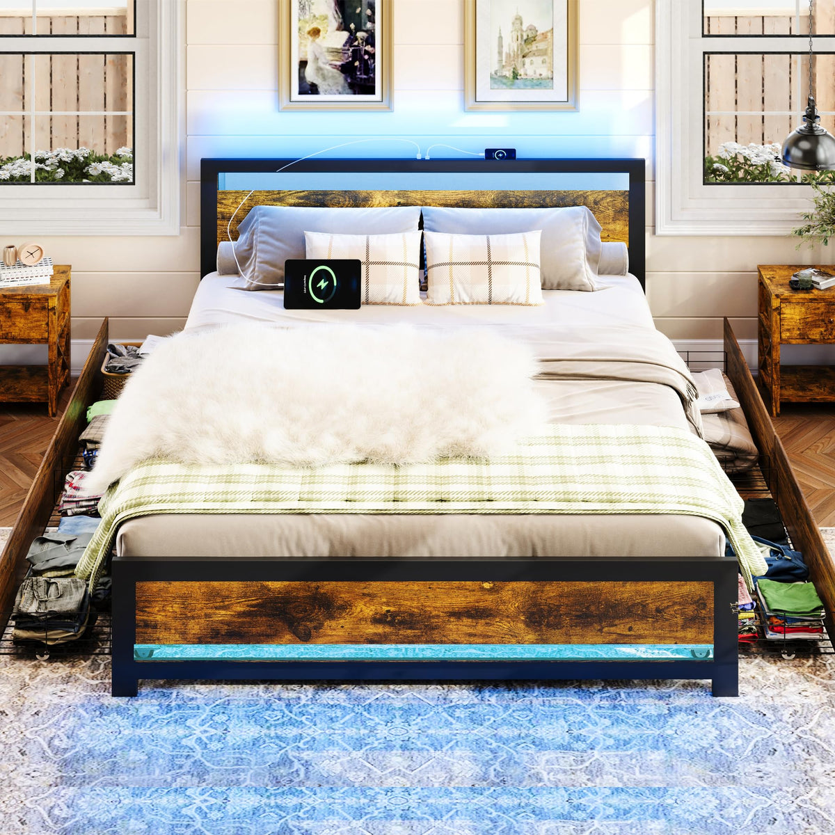 King Size Wood Bed Frame with 4 Storage Drawers B146009